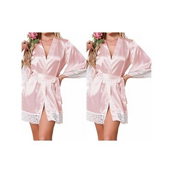 2 Packs Women's Satin Robe Silky Lace Trim Bridal Party Tie Waist Wedding Bridesmaid Bathrobe