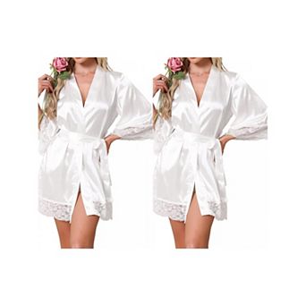 2 Packs Women's Satin Robe Silky Lace Trim Bridal Party Tie Waist Wedding Bridesmaid Bathrobe