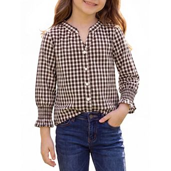 Girls 5-12 Gingham Button Down Shirts Ruffle Cuff Kids Blouse Tops