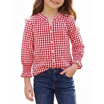 Girls 5-12 Gingham Button Down Shirts Ruffle Cuff Kids Blouse Tops
