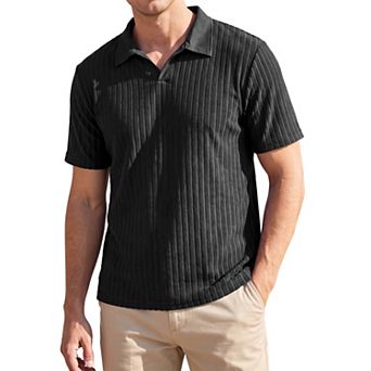 Men's Jacquard Knit Polo Shirt V Neck Breathable Summer