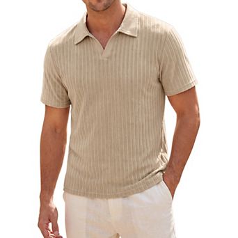 Men's Jacquard Knit Polo Shirt V Neck Breathable Summer