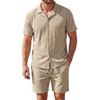 Men's Textured 2 pc Short Set Shirt and Shorts Summer Beach