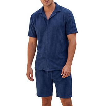 Men's Textured 2 pc Short Set Shirt and Shorts Summer Beach