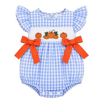 Baby Girls Gingham Fall Smocked Pumpkin Romper