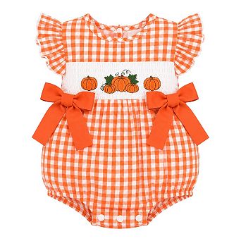 Baby Girls Gingham Fall Smocked Pumpkin Romper