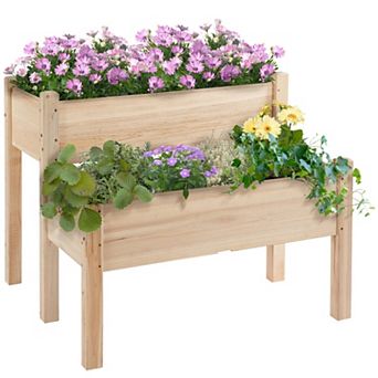 2 tier Raised Garden Bed Wood Planter Box with Drainage Holes for Flowers Herbs and Vegetables