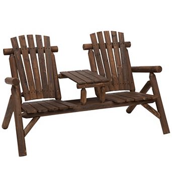 Wood Adirondack Patio Bench with Center Coffee Table Two Seat Outdoor Loveseat for Garden