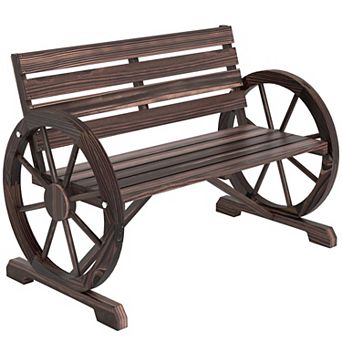 Wooden Wagon Wheel Garden Bench with Slatted Seat and Backrest for 2 People
