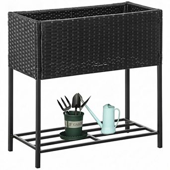PE Rattan Raised Planter Box with Lower Storage Shelf and Steel Frame for Herbs and Flowers
