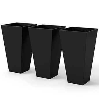 Set of 3 Tall Tapered Outdoor Planters 28 Inch with Drainage Holes for Porch and Patio