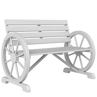 Rustic Wooden Wagon Wheel Bench with Backrest Slatted Seat for Outdoor Patio and Garden
