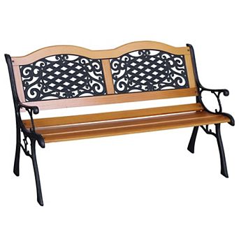 50 Inch Outdoor Garden Bench Loveseat with Slatted Pine Wood Seat and Antique Metal Frame