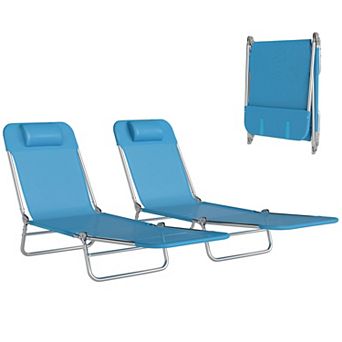 Set of 2 Folding Mesh Chaise Loungers with Headrest Pillow and Five Position Recline for Patio