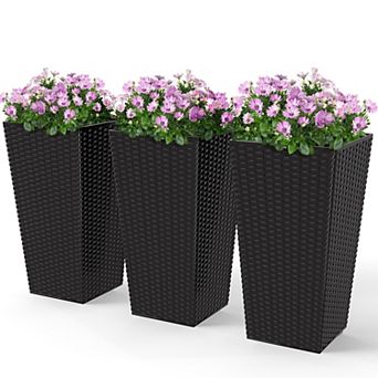 Rattan Look Tapered Garden Planters 24 Inch Set of 3 with Drainage Holes for Patio and Poolside
