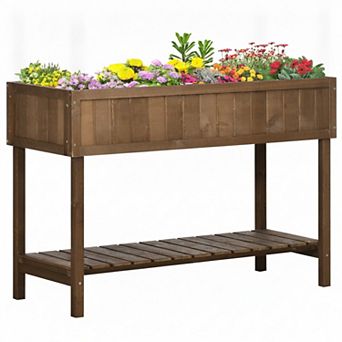 Elevated Wooden Raised Garden Bed with 8 Planter Slots and Open Storage Shelf