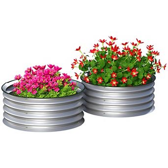 Set of 2 Round Galvanized Steel Raised Garden Beds with Safety Edging for Patios