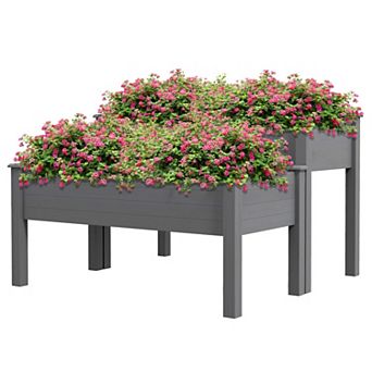 Two Tier Wooden Elevated Planter Box with Legs for Flowers Vegetables and Herbs