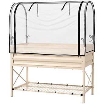 Raised Garden Bed with Greenhouse Cover Elevated Metal Planter Box with Legs and Bottom Shelf