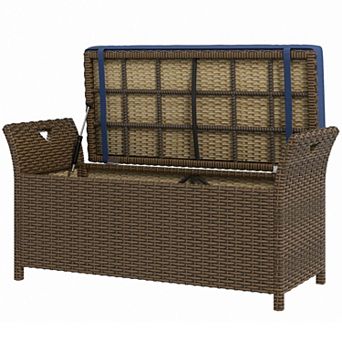 Outdoor Wicker Storage Bench with Cushion 29 Gallon Deck Box and Rattan Seat for Patio Garden