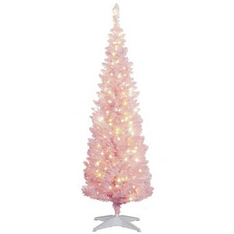5 Foot Slim Pencil Artificial Christmas Tree with Snow Flocked Branches and Warm White LED Lights