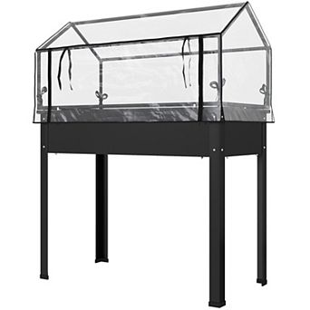 Raised Vegetable Planter on Legs with Clear Greenhouse Canopy and Roll Down Door
