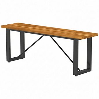 2 Person Backless Garden Bench with Slatted Acacia Wood Seat and Steel Frame for Porch and Park