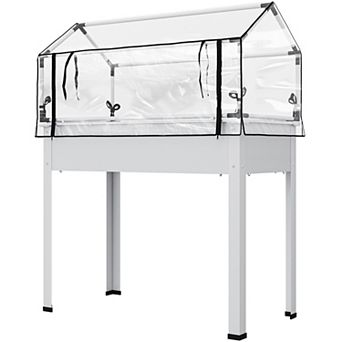 Elevated Garden Box with Greenhouse Cover and Roll Up Door for Raised Vegetable Growing