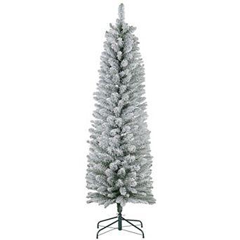 5 Foot Snow Flocked Pencil Artificial Christmas Tree with Metal Base for Small Spaces