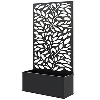 Freestanding or Wall Mounted Metal Planter Box with Leaf Patterned Privacy Trellis Panel