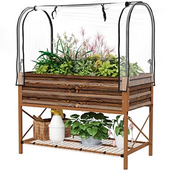 Elevated Raised Garden Bed with Greenhouse Cover Roll Up Door and Bottom Storage Shelf