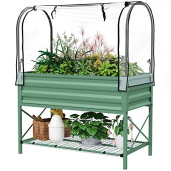 Covered Elevated Planter Box with Legs Bottom Shelf and Fabric Liner for Backyard Gardens