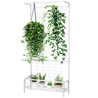 Metal Tall Plant Stand with Back Trellis and Hanging Bar for Climbing Vines and Flowers