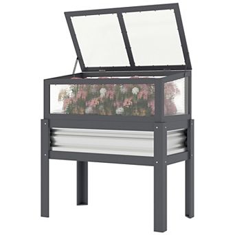 Elevated Fir Wood Garden Bed with Flip Up Greenhouse Cover and Legs for Vegetables and Flowers