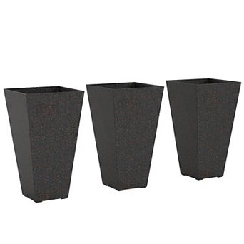 Set of 3 Tall Tapered Planters with Marble Finish and Drainage Holes for Indoor Outdoor Use
