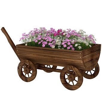 Wooden Wagon Planter Box with 4 Wheels and Drainage Hole for Mobile Garden Flower Display