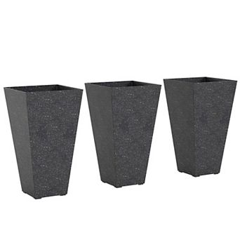 Set of 3 Tall Tapered Marble Look Planters with Drainage Plugs for Patio Balcony and Home
