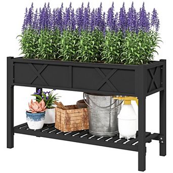 Elevated Wood Raised Garden Bed with Storage Shelf Drainage Holes and Liner