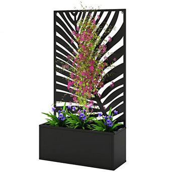 Metal Raised Garden Bed with Leaf Trellis Panel for Climbing Plants Wall Mount or Freestanding