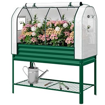 Galvanised Raised Garden Bed with Roll Up Greenhouse Cover and Bottom Storage Shelf