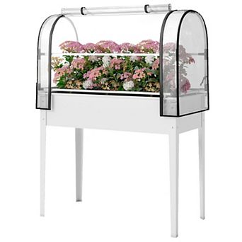 Metal Raised Garden Bed with Flip Up Greenhouse Cover Legs and Drainage Hole for Vegetables
