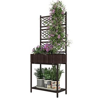 Freestanding Rattan Garden Planter Box with Trellis and Bottom Storage Shelf