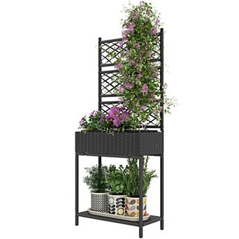 Outdoor Wicker Planter with Trellis and Storage Shelf for Climbing Plants