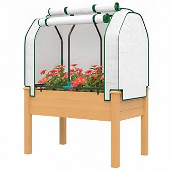 Raised Garden Bed with Roll Up PE Greenhouse Cover Wood Planter Box for Herbs and Vegetables