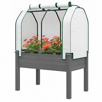 Waist High Wood Planter Box with Roll Up PE Greenhouse Cover for Vegetables and Herbs