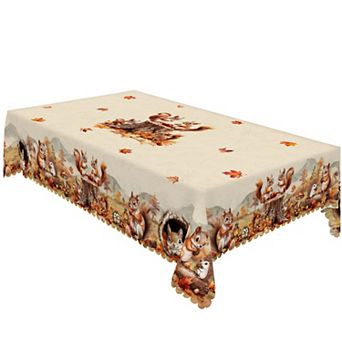 Fall Animal Tablecloth, Washable Table Cover, Polyester Fabric for Dining，Kitchen, Scalloped-Edge
