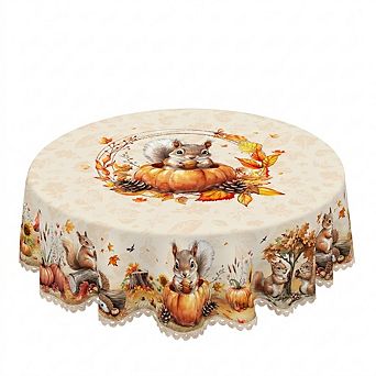 Fall Animal Tablecloth, Washable Table Cover, Polyester Fabric for Dining，Kitchen, Scalloped-Edge
