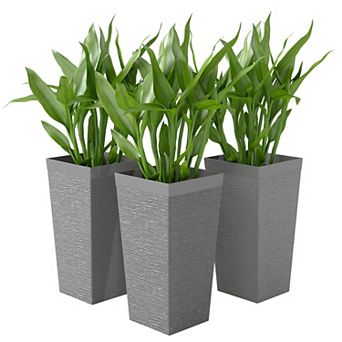 Set of 3 Rolling Outdoor Planters with Stone Finish and Drainage Holes for Patio Plants