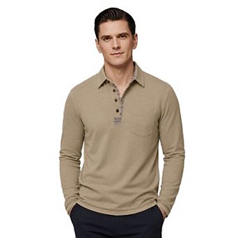 Men's Long Sleeve Contrast Placket Polo Shirt with Pocket Casual Business Top