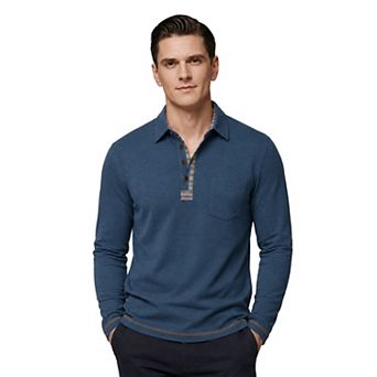 Men's Long Sleeve Contrast Placket Polo Shirt with Pocket Casual Business Top